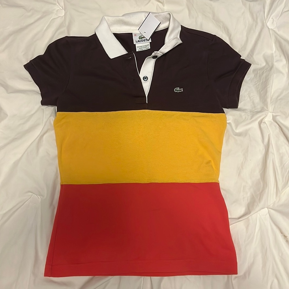 NWOT Lacoste Polo Size 34 (Small/US Size 2) Brown, Yellow, Red/Orange F4811